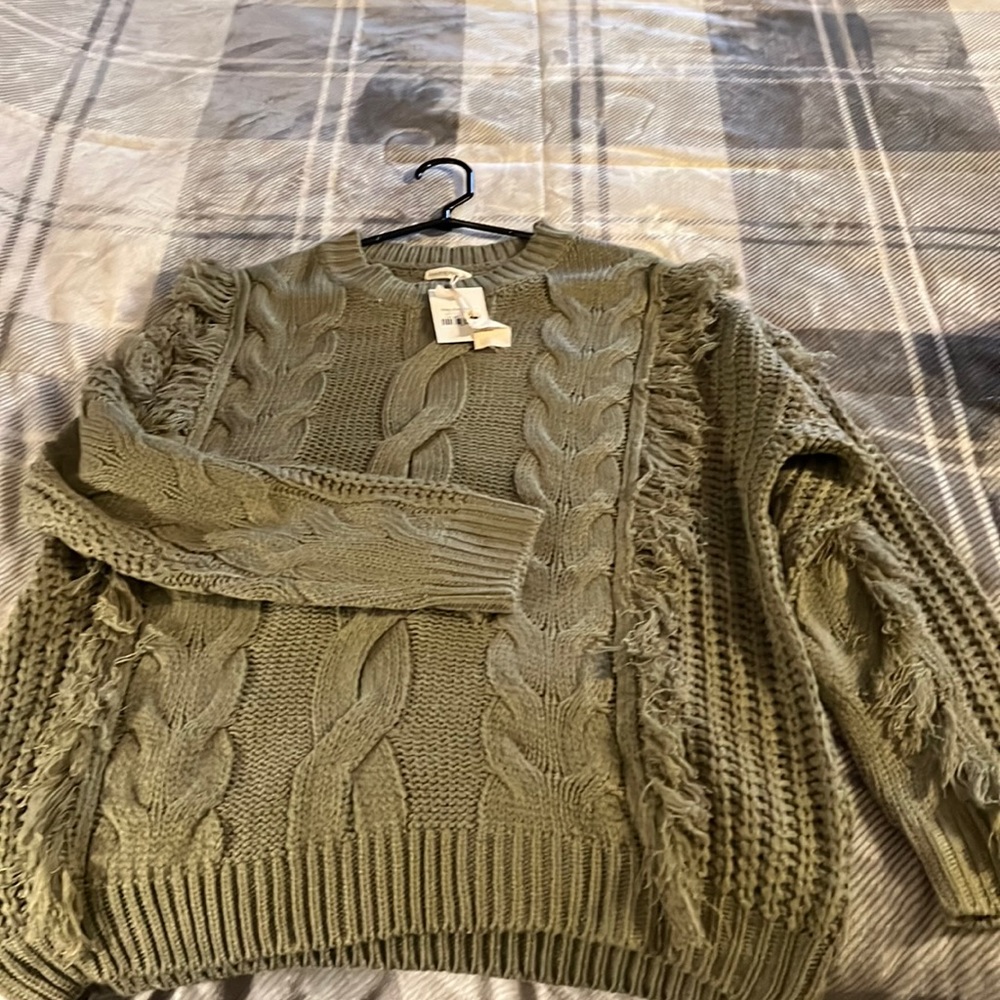 Olive green pullover corded sweater with fringe